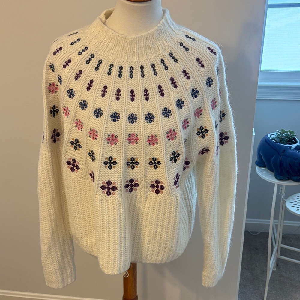 Boden Cream Sweater with Purple and Pink Floral Design